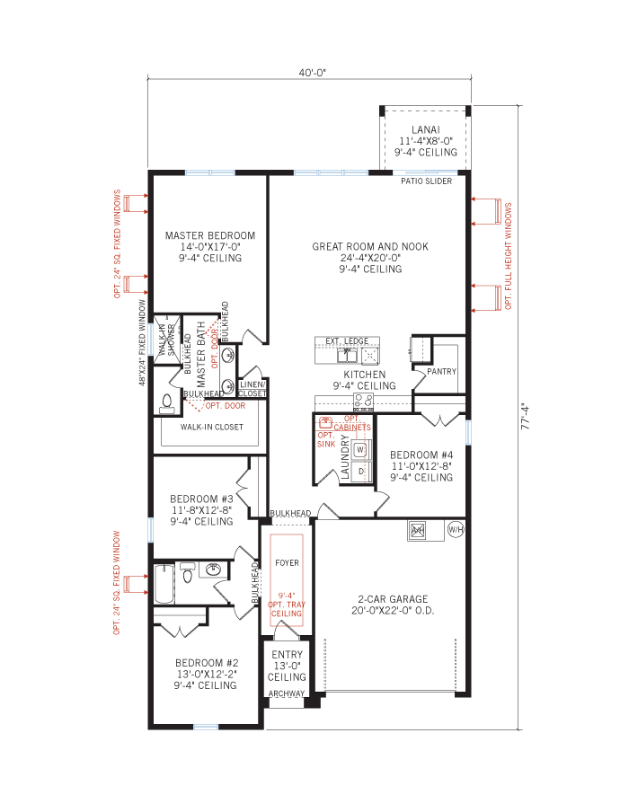 Base floorplan of Northwood 2 - Traditional Cottage - 2,200 - 2,746 sqft, 3 - 4 Bedroom, 2 - 3 Bathroom - Cardel Homes Tampa