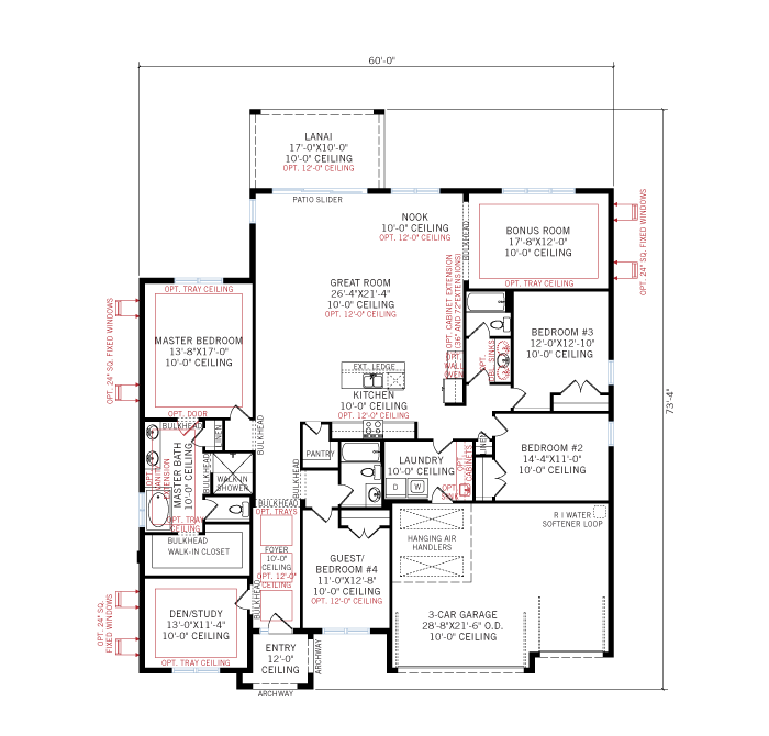 Base floorplan of Wesley MB - Coastal A2 - 2,830 - 3,228 sqft, 4 Bedroom, 3-4 Bathroom - Cardel Homes Tampa