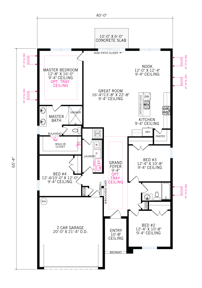 Base floorplan of Cypress-Traditional - 2,014 sqft, 4 Bedroom, 2-3 Bathroom - Cardel Homes Tampa