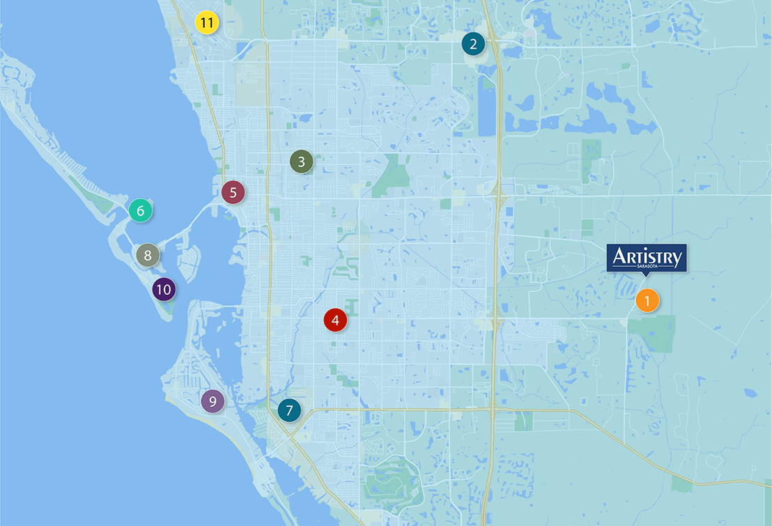 A map of the western coastline of Florida with the community of Artistry labelled and numbers 1-11 marking where various amenities are.