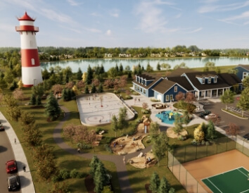 A lighthouse on the edge of a pond beside a clubhouse with a skating rink, tennis court and outdoor playground