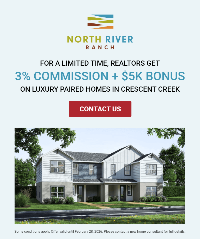 For a limited time, realtors get 3% commission + $5K bonus on luxury paired homes in Crescent Creek