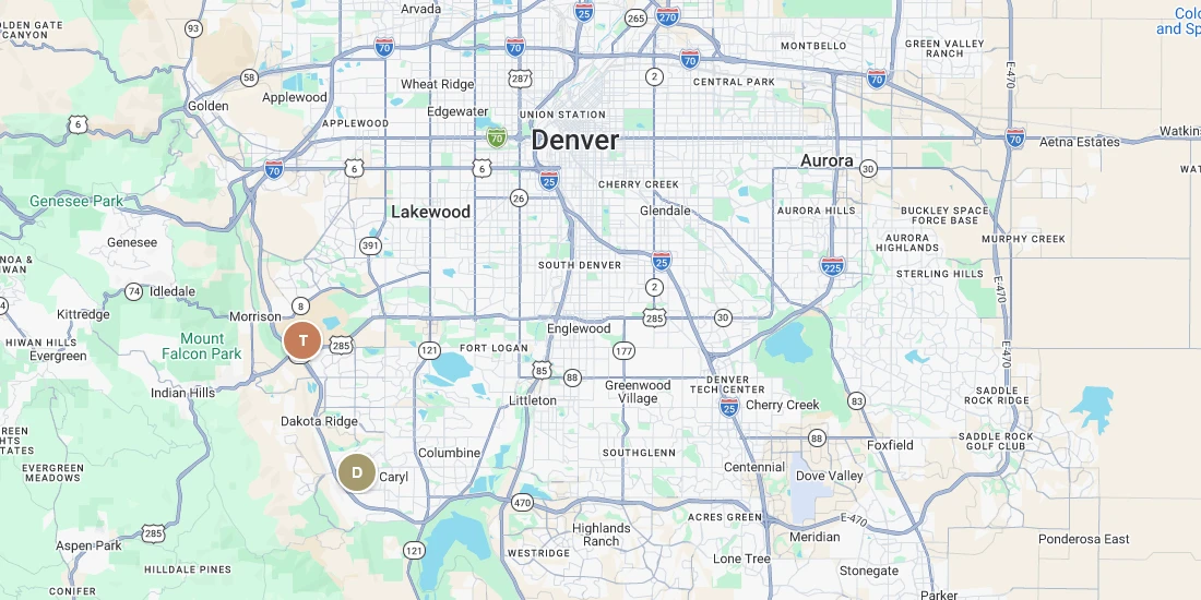 Map of the Denver metro area showing Deer Creek near Ken Caryl/Littleton and Three Hills near Morrison