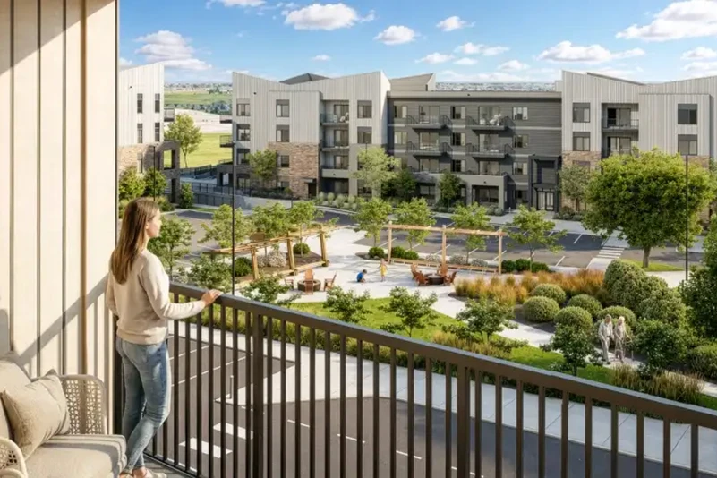 View from a Metro One condo balcony overlooking landscaped green space and condominium buildings in Silverton, Calgary.
